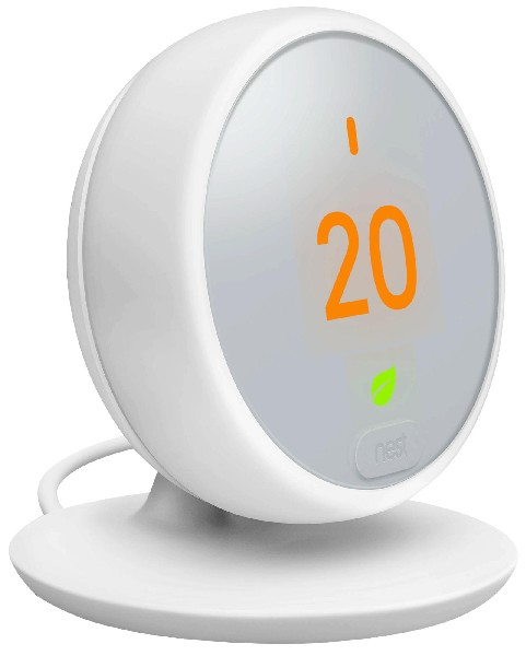 Un termostato Nest blanco y redondo sobre un soporte blanco, que muestra el número 20 en naranja.