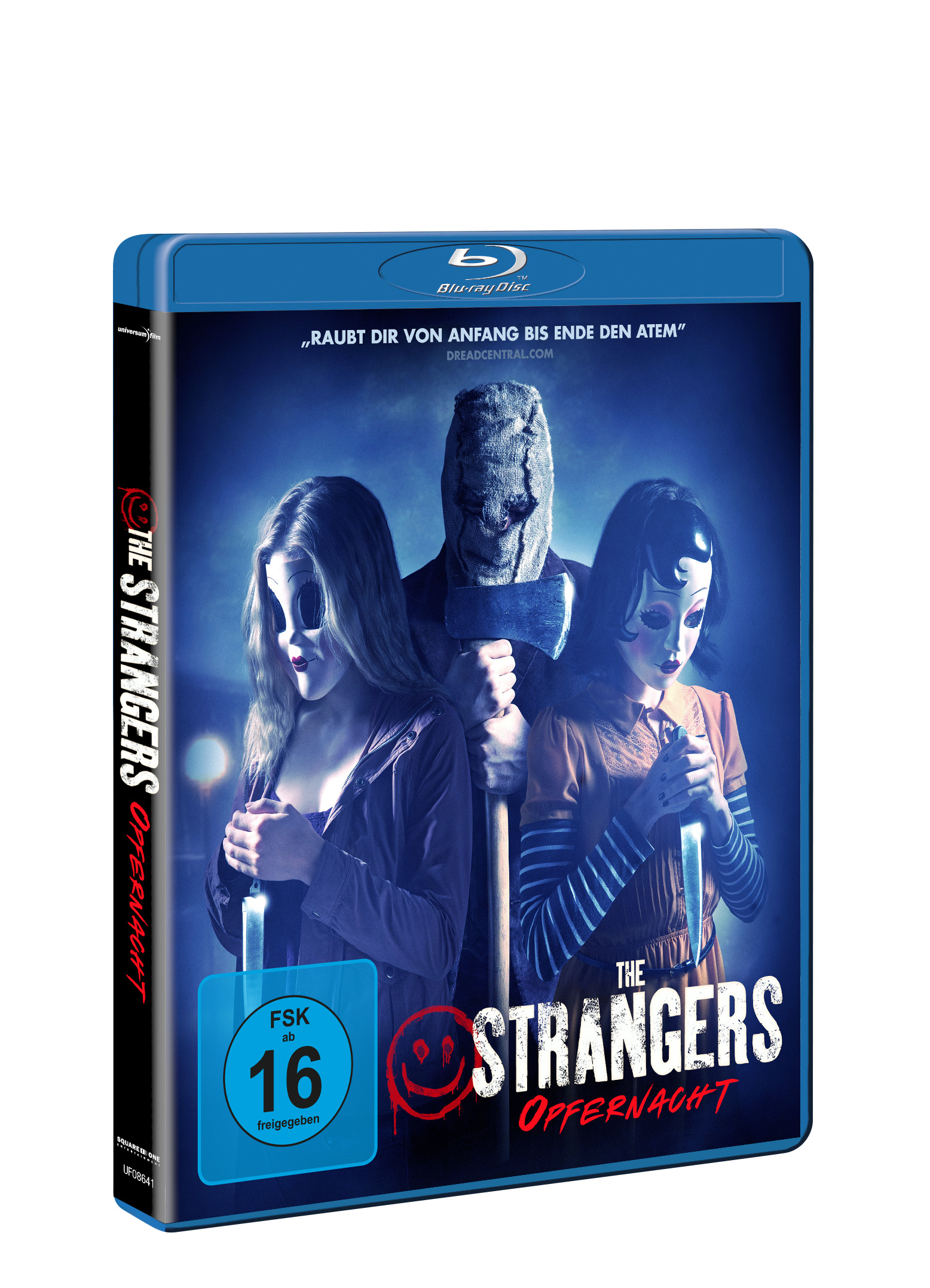Blu-ray-Filmcover: maskierte Figuren mit Waffen. Titel: The Strangers: Prey at Night.