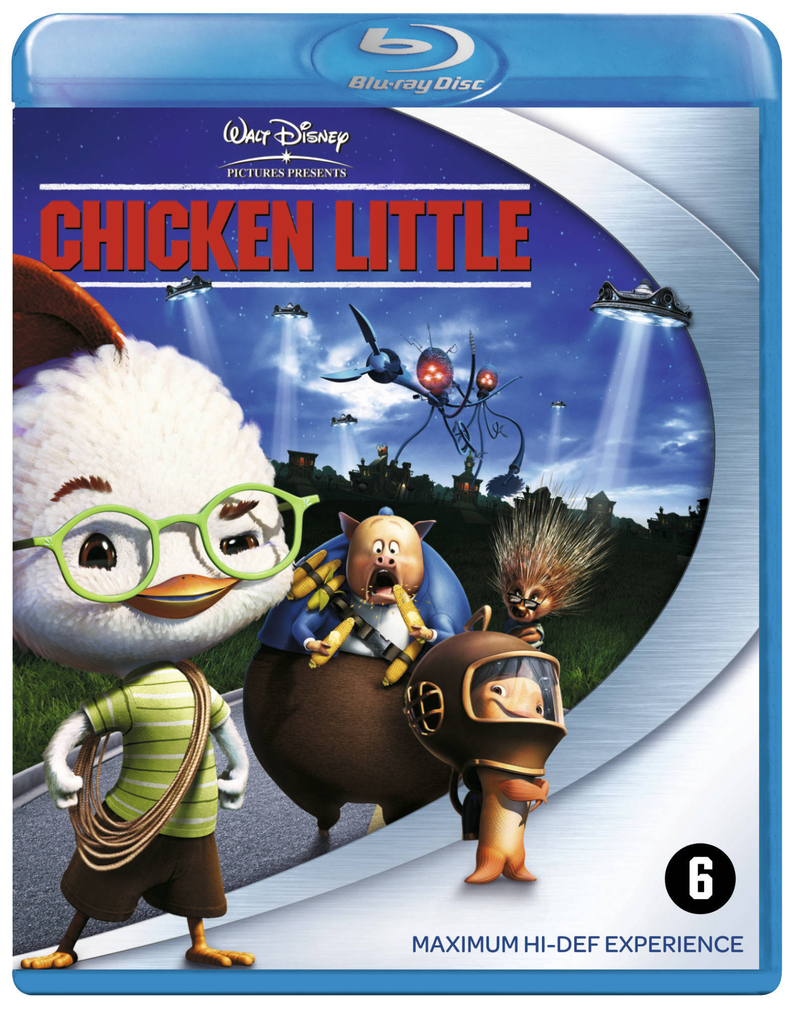 Blu-ray-hoes voor Chicken Little. Personages op de weg, aliens en een 6-rating. Disney-logo en Blu-ray disc label.