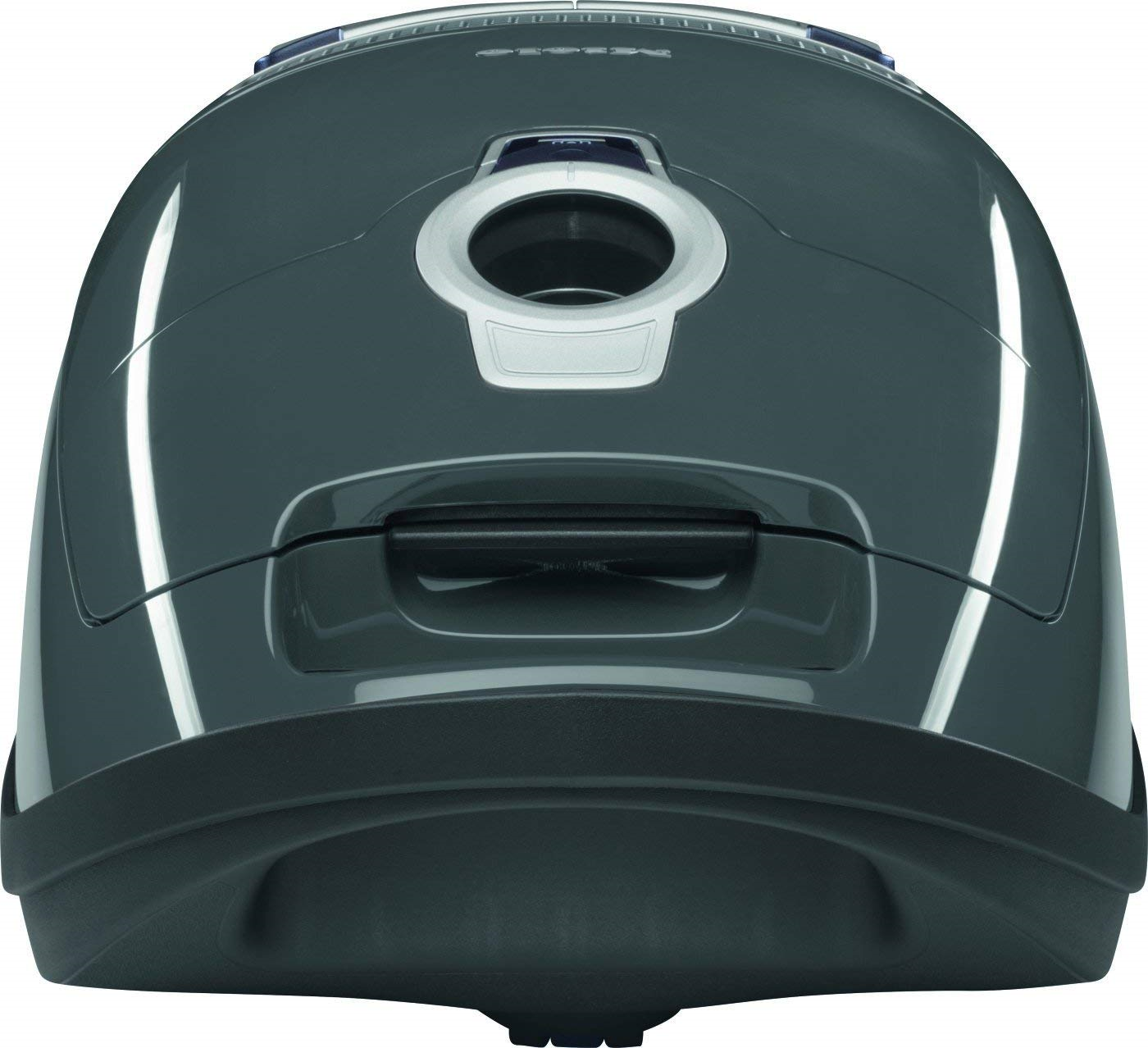 Dunkelgrauer Staubsauger, Draufsicht. Hat einen Griff und einen Knopf.