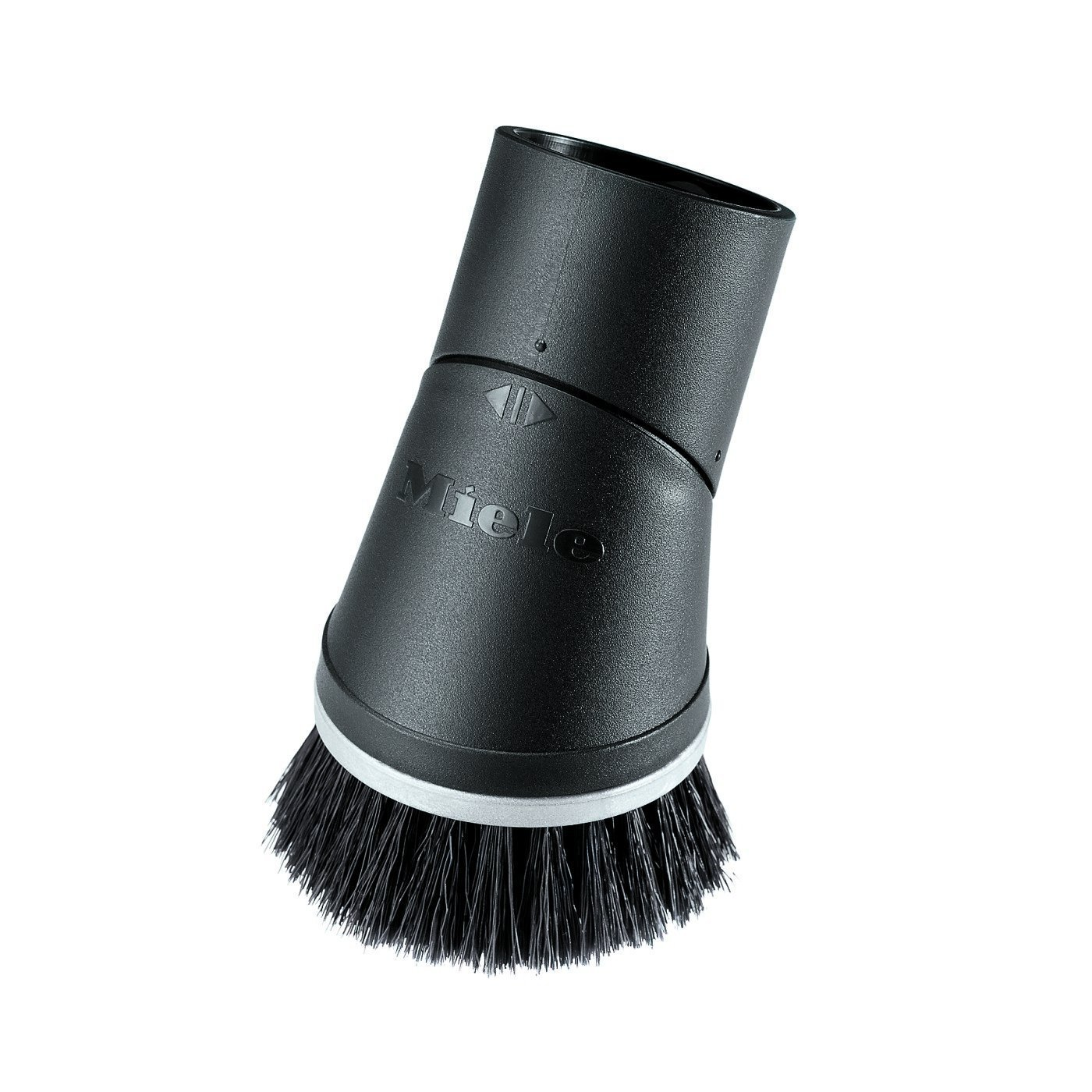 Ein schwarzer Staubsaugerbürstenkopf mit weißem Rand und schwarzen Borsten, isoliert auf Weiß.