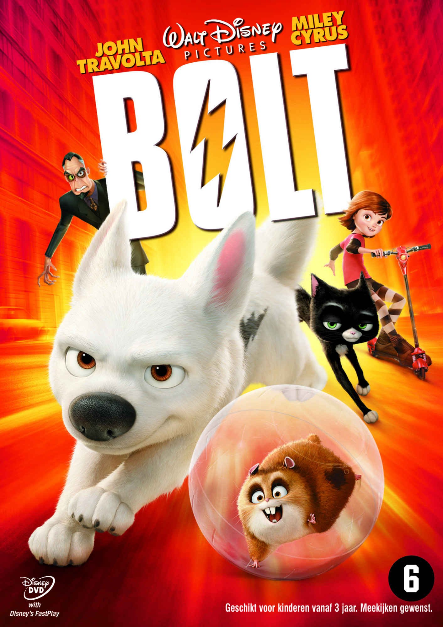 Bolt filmposter. Witte hond, zwarte kat, hamster in een bal, meisje op een scooter. Rode en gele achtergrond.