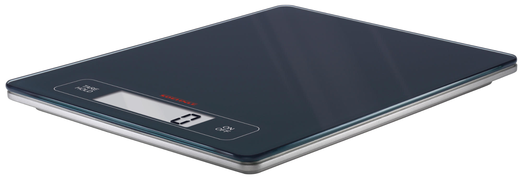 Eine flache, rechteckige, schwarze Waage mit digitaler Anzeige. Zeigt 0,0 an.