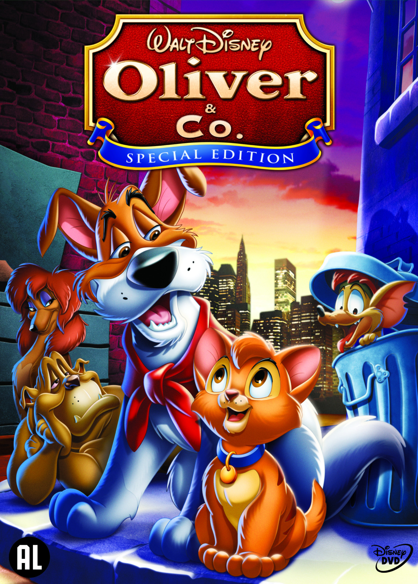 Couverture du DVD Oliver & Co., avec des chiens de dessins animés, des chats et un fond de ville. Le titre est centré.