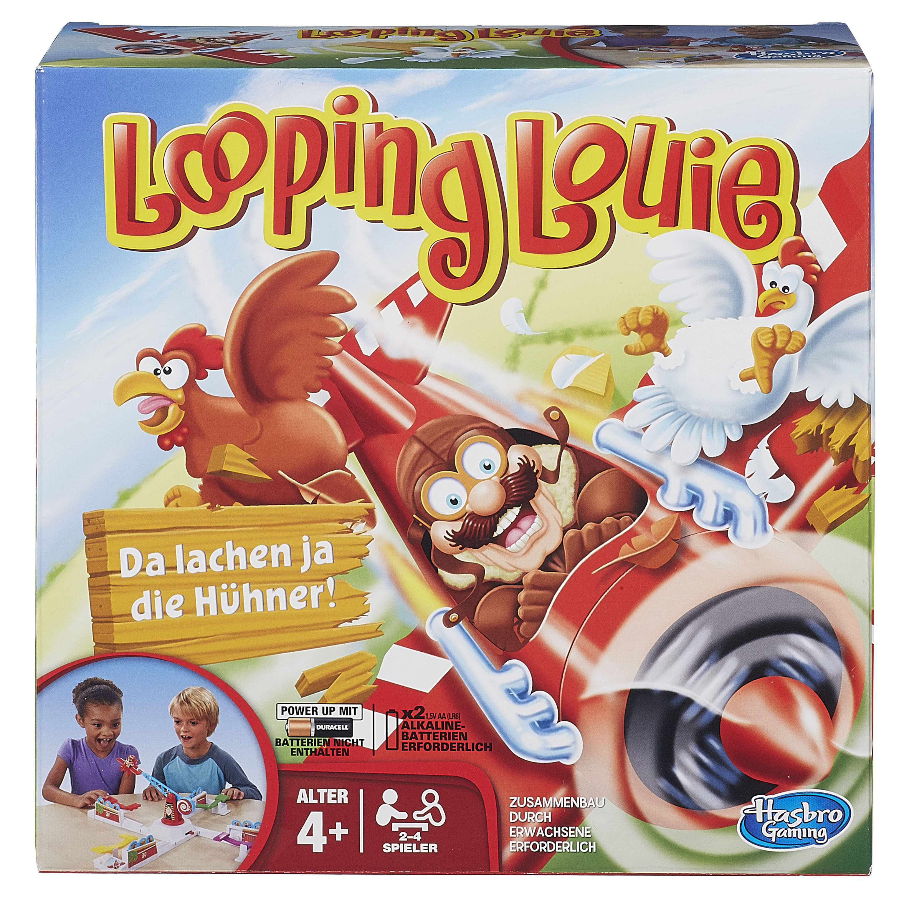 Die Looping Louie Spielbox. Es zeigt einen Cartoon-Piloten in einem Flugzeug mit Hühnern auf dem Cover.