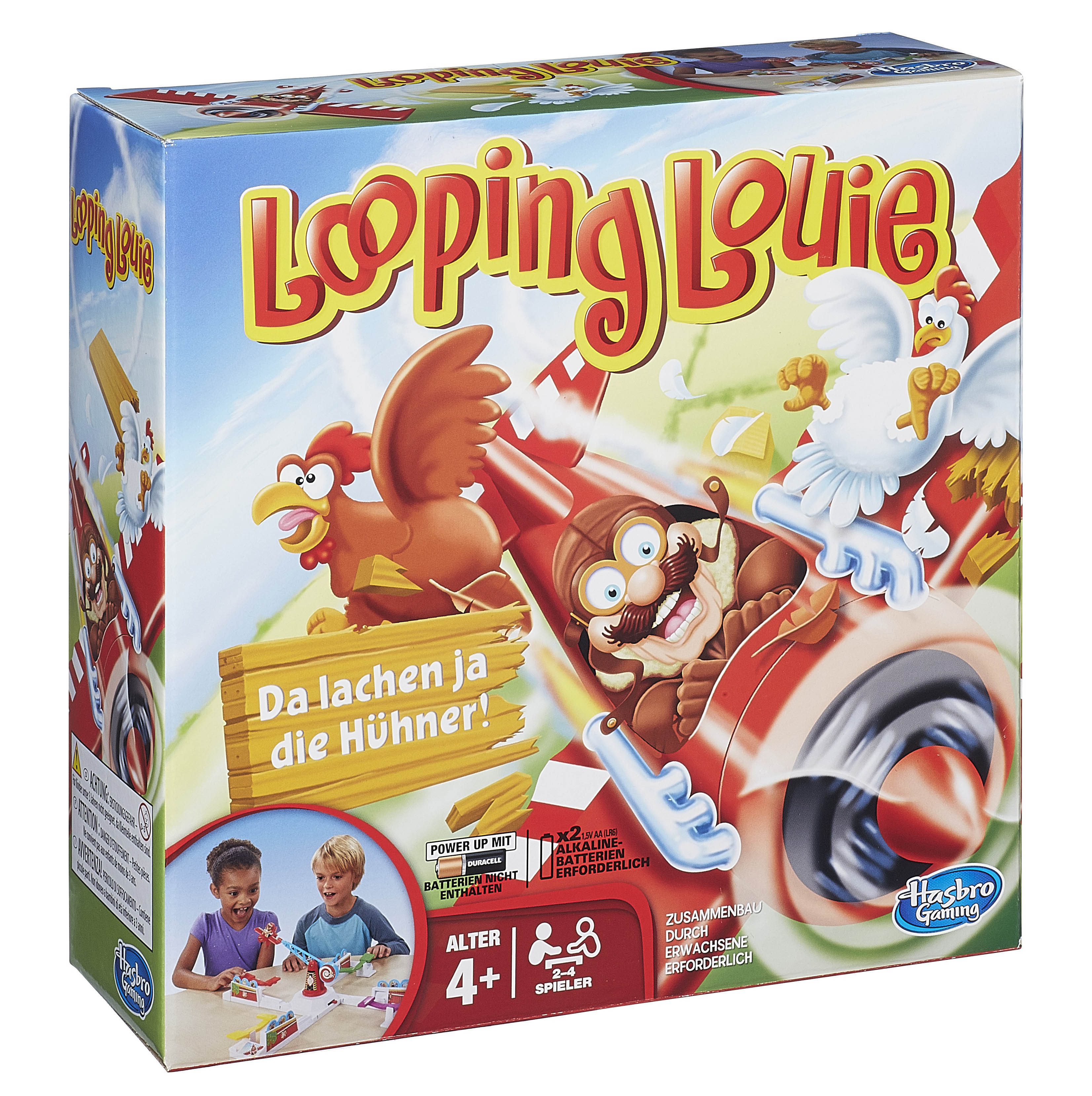 Eine Schachtel des Spiels Looping Louie mit einem Cartoon-Piloten und Hühnern.