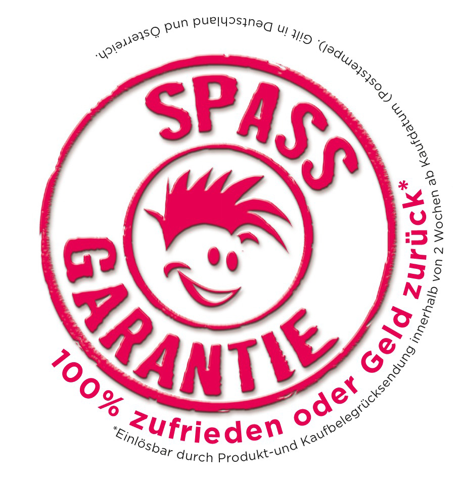 Ein rot-weißer Garantieaufkleber. Enthält deutschen Text, darunter die Wörter 'Spass Garantie'.