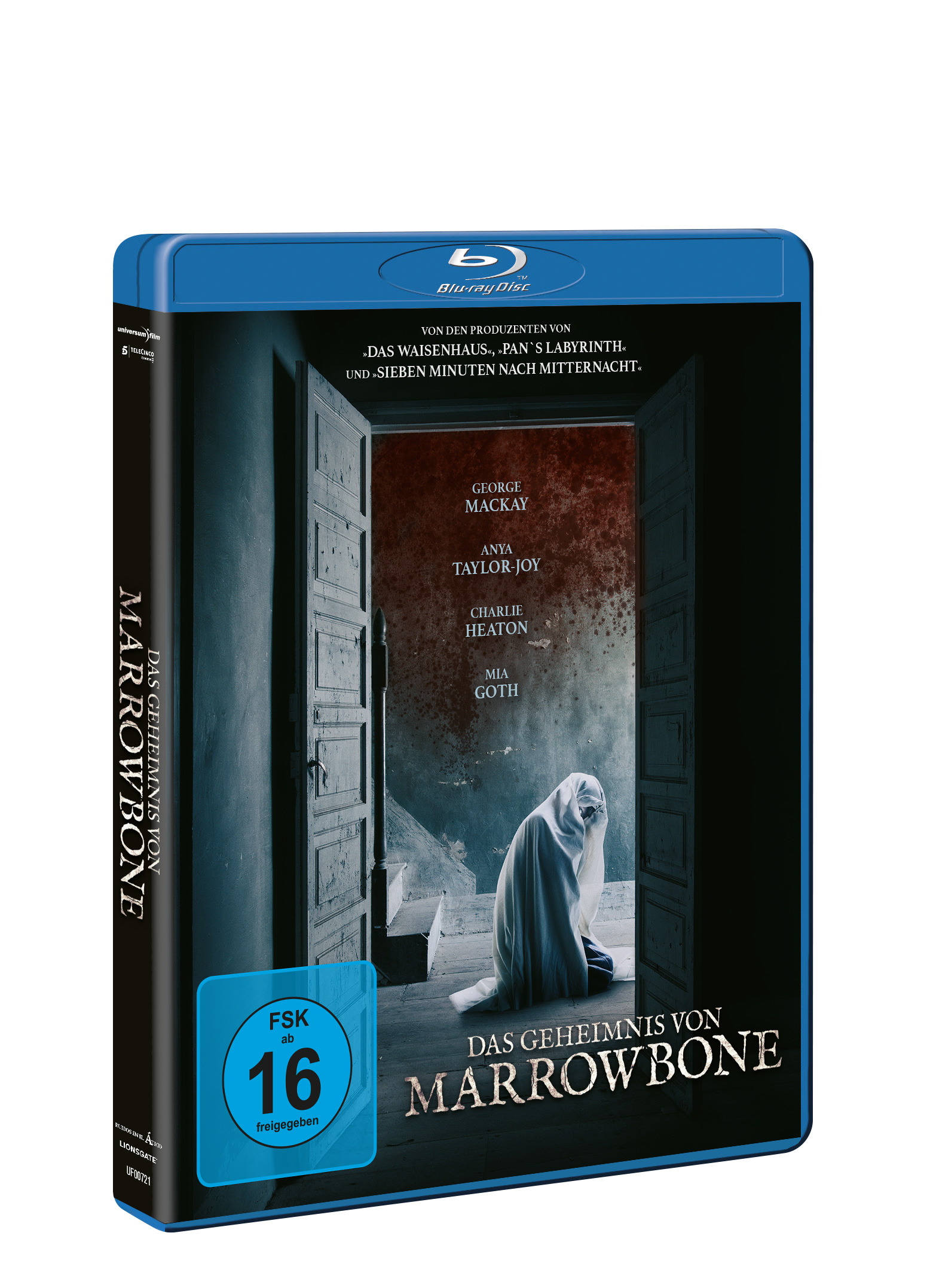 Blu-ray-Filmcover von Marrowbone. Zeigt eine weiß gekleidete Figur und Titeltext.