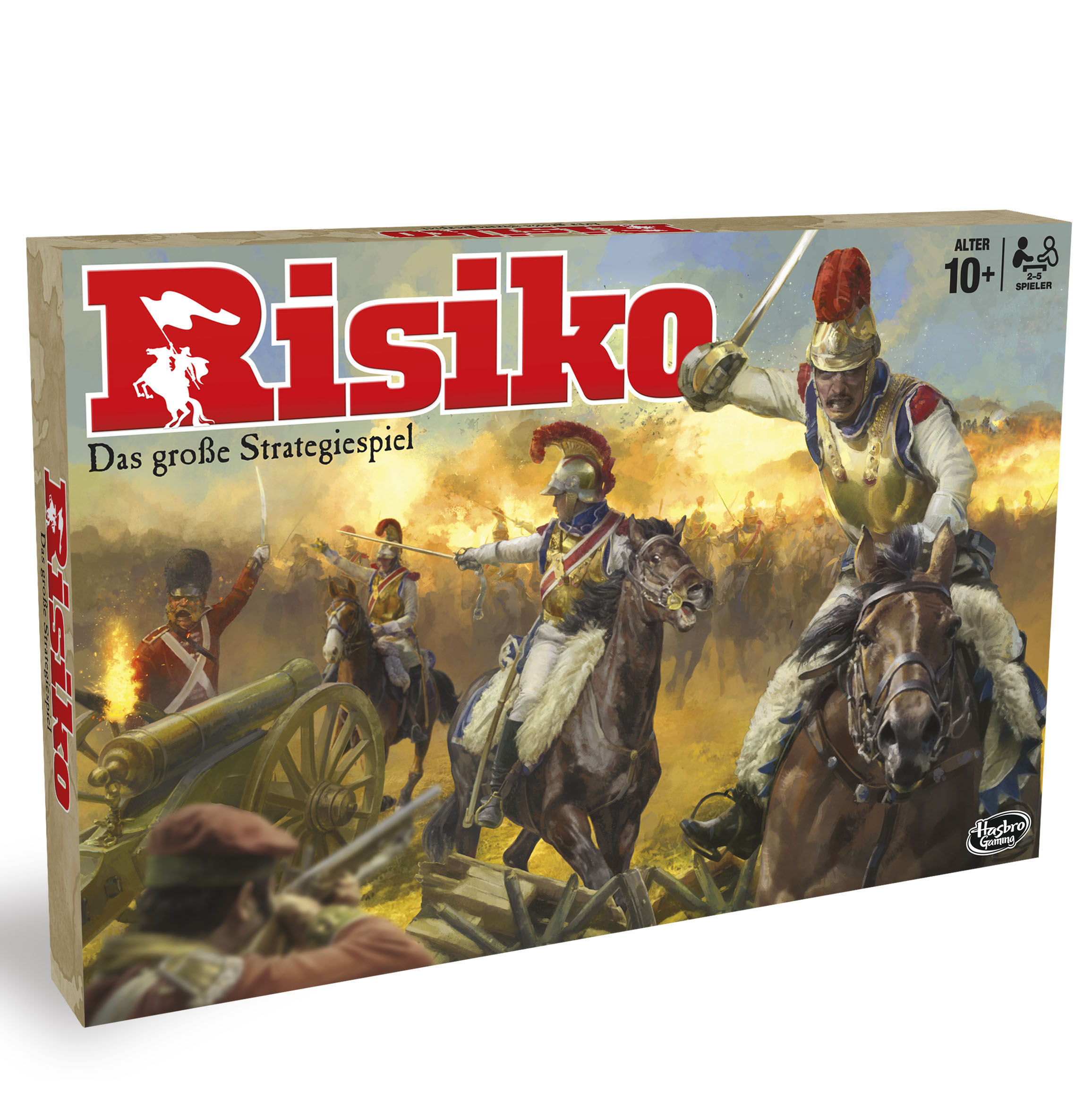 Risiko-Brettspielbox. Illustration einer Kampfszene mit Soldaten auf Pferden und einer Kanone.