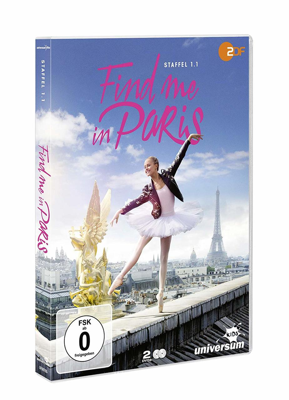 DVD-Cover von 'Find Me in Paris', eine Frau tanzt vor dem Eiffelturm.