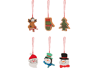 FAMILY CHRISTMAS 55982B Karácsonyfadísz szett, 12 db, 4 cm, hóember, fenyőfa, mikulás, szív, pingvin, rénszarvas