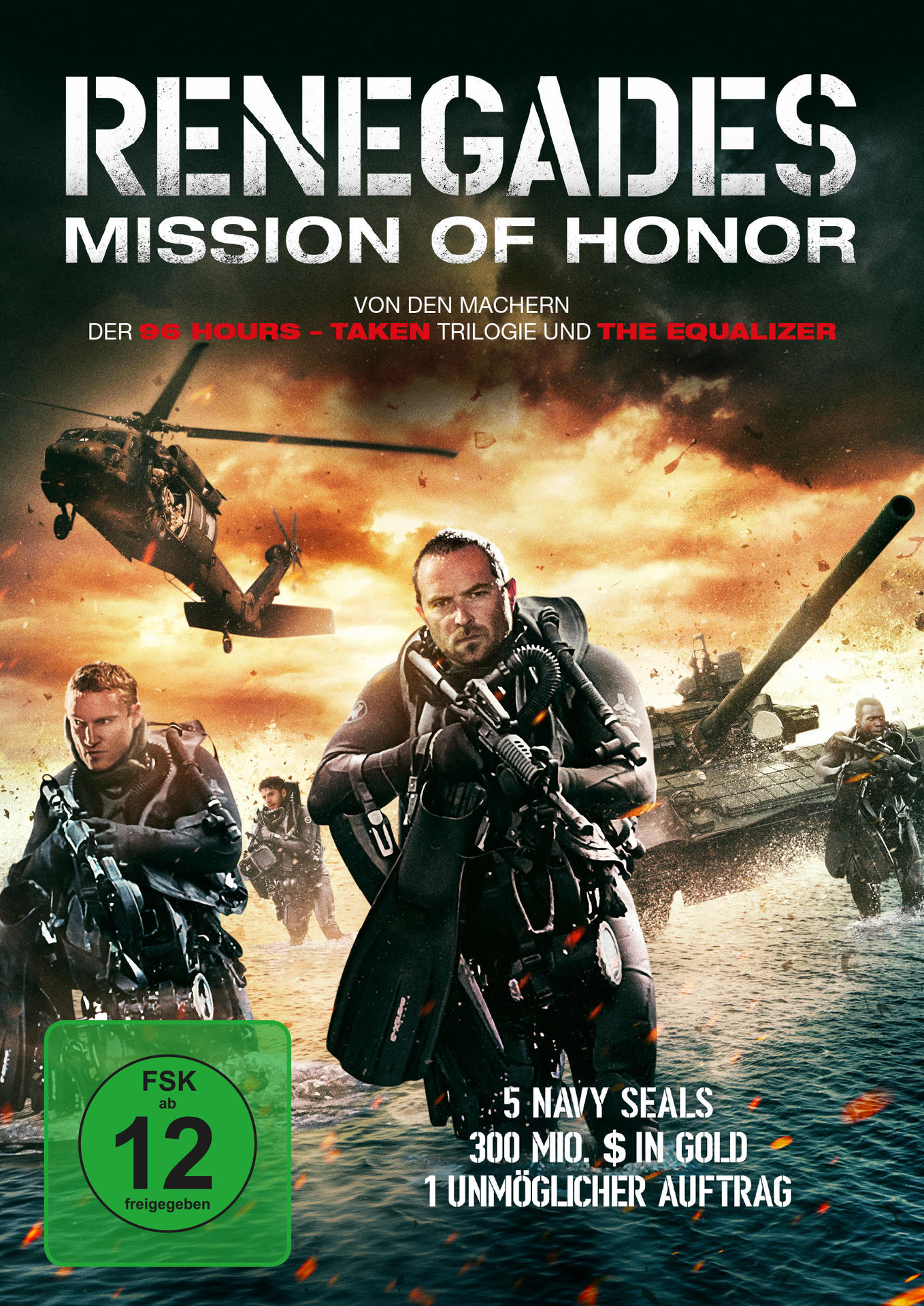 DVD-Cover: Renegades: Mission of Honor. Navy Seals mit Waffen und einem Hubschrauber. Action-Szene.