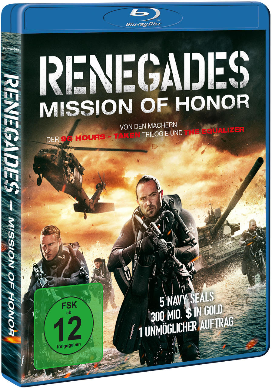 Blu-ray-Cover für 'Renegades: Mission of Honor'. Zeigt eine Gruppe von Männern und einen Hubschrauber. Panzer im Hintergrund.