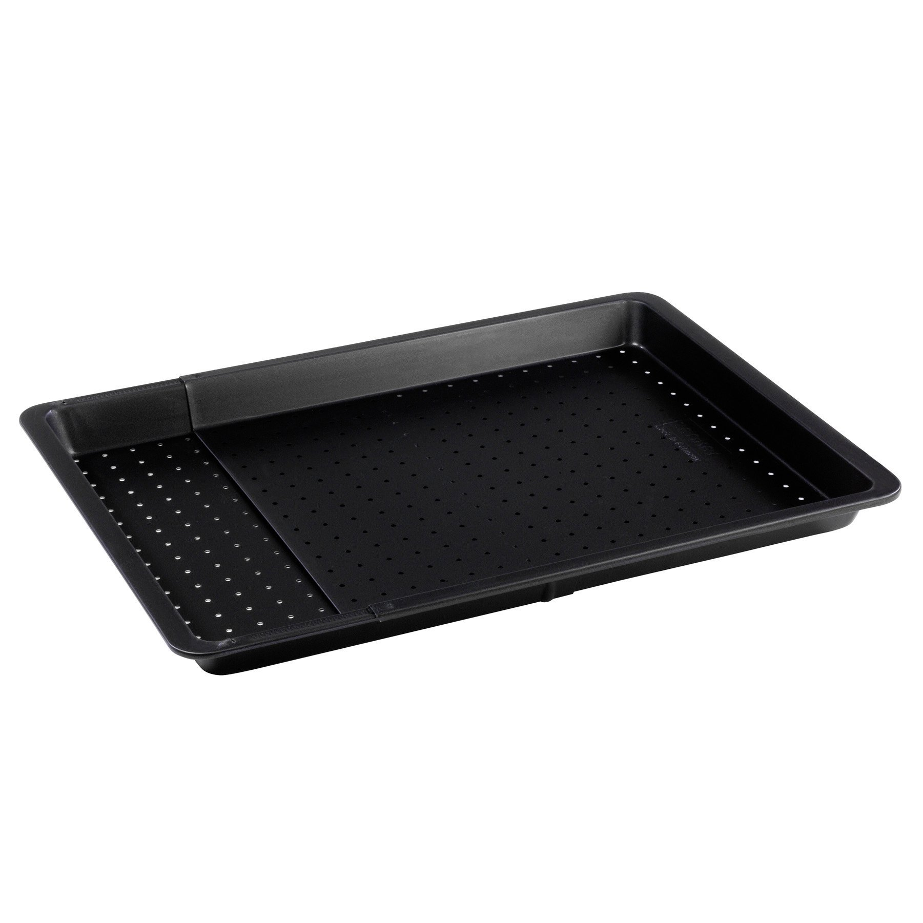 Schwarze rechteckige Schale mit Perforationen und einem perforierten Teiler.