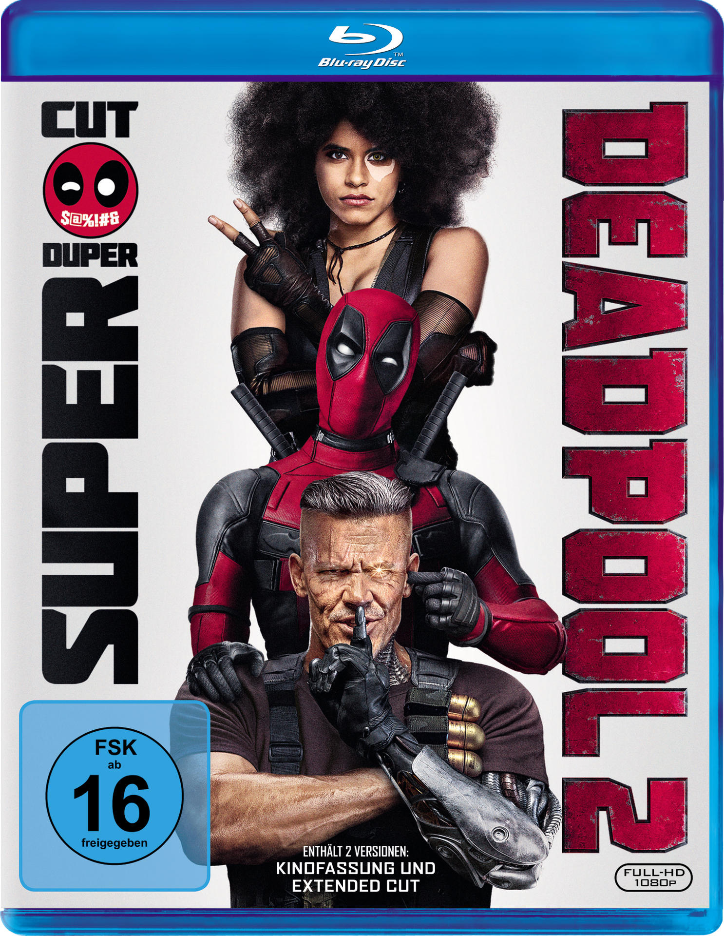 Deadpool 2 Blu-ray Cover: Deadpool, Cable und eine Frau, mit Text, freigegeben ab 16 Jahren.