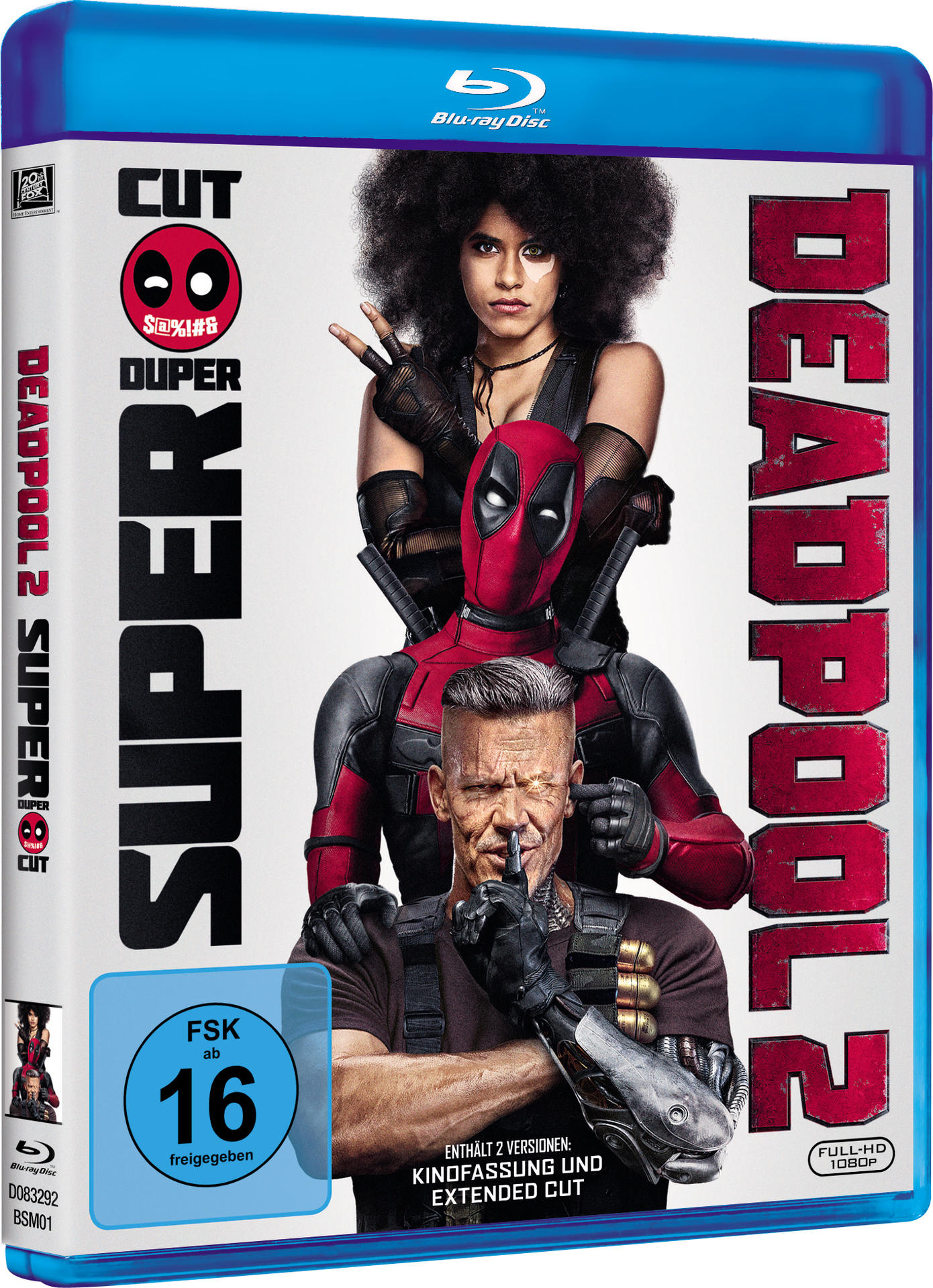 Die Vorderseite der Deadpool 2 Blu-ray Disc wird mit Schauspielern und dem Filmtitel auf einer blauen Hülle gezeigt.