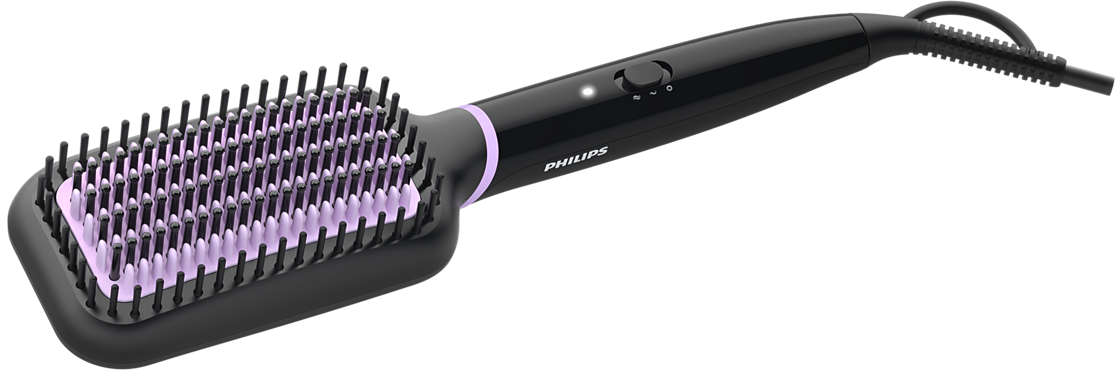 Zwarte Philips haarstijltang met paarse borstelharen. Het heeft stroom- en warmte-instellingen. Een zwart snoer komt uit de handgreep.
