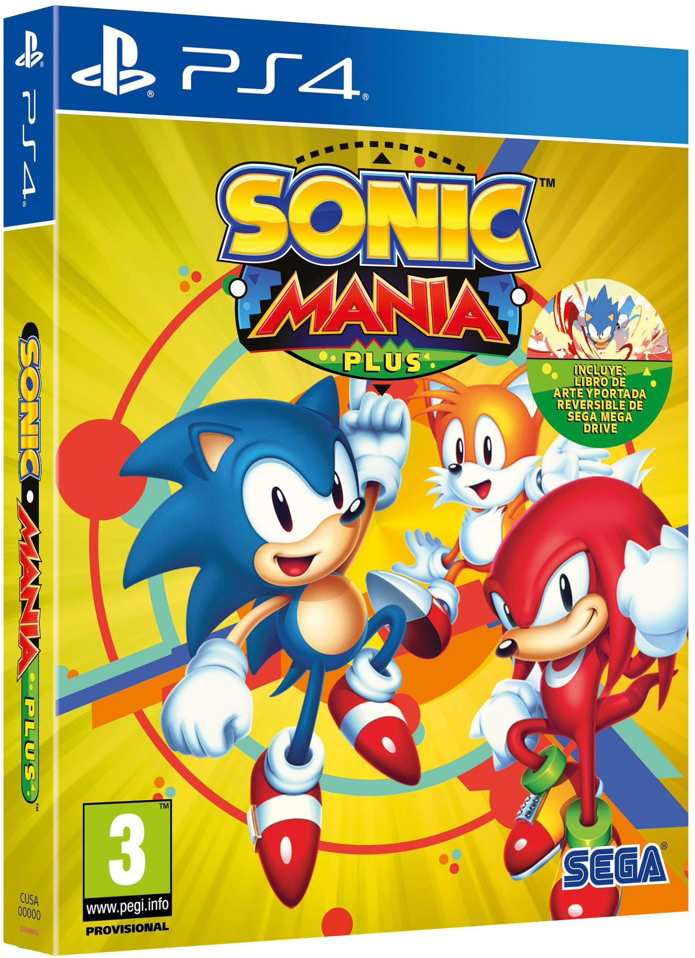 Arte de la caja del juego Sonic Mania Plus PS4 con Sonic, Tails y Knuckles sobre un fondo amarillo.