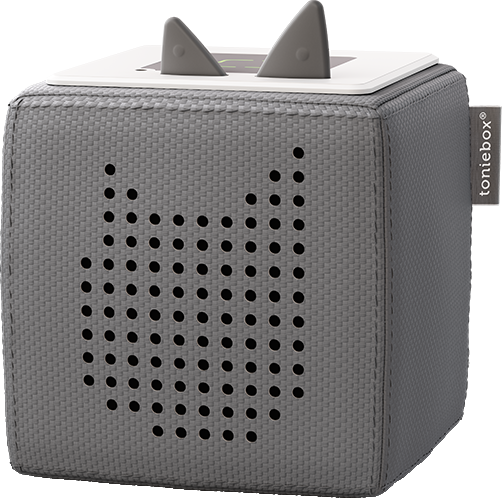 Eine graue Toniebox mit Ohren. Die Box hat einen Lautsprechergrill.