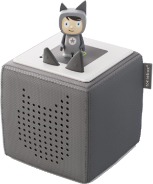 Eine graue Toniebox mit einer Jungenfigur oben drauf. Die Box hat einen Lautsprecher und einen Katzenausschnitt.