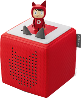 Ein roter Toniebox-Würfel mit einer Spielfigur oben drauf. Die Figur ist ein Junge mit rotem Stern.