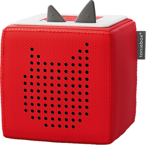 Giocattolo Toniebox rosso con orecchie grigie sulla parte superiore bianca.