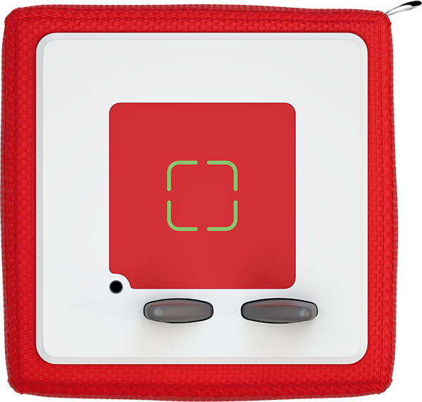 Cubo rosso con un quadrato rosso e un quadrato verde al centro.