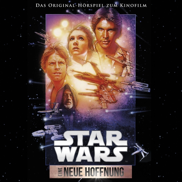 Star Wars: Eine neue Hoffnung DVD-Cover mit Luke, Leia, Han, Obi-Wan, Raumschiffen und Text.