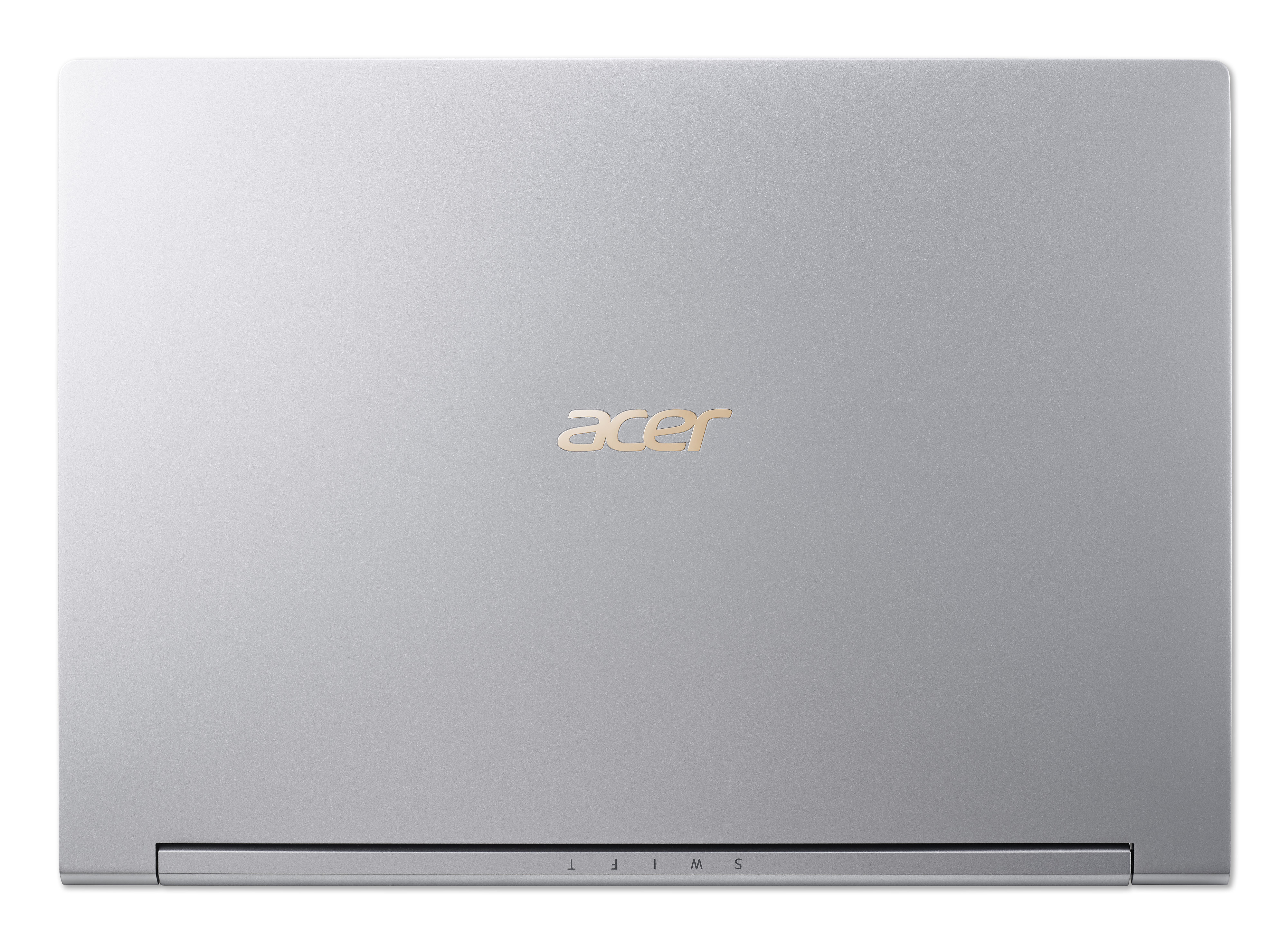 Silberner Laptop von oben. Acer-Logo in Gold. Der Laptop ist geschlossen. Es ist ein schlankes, modernes Design.