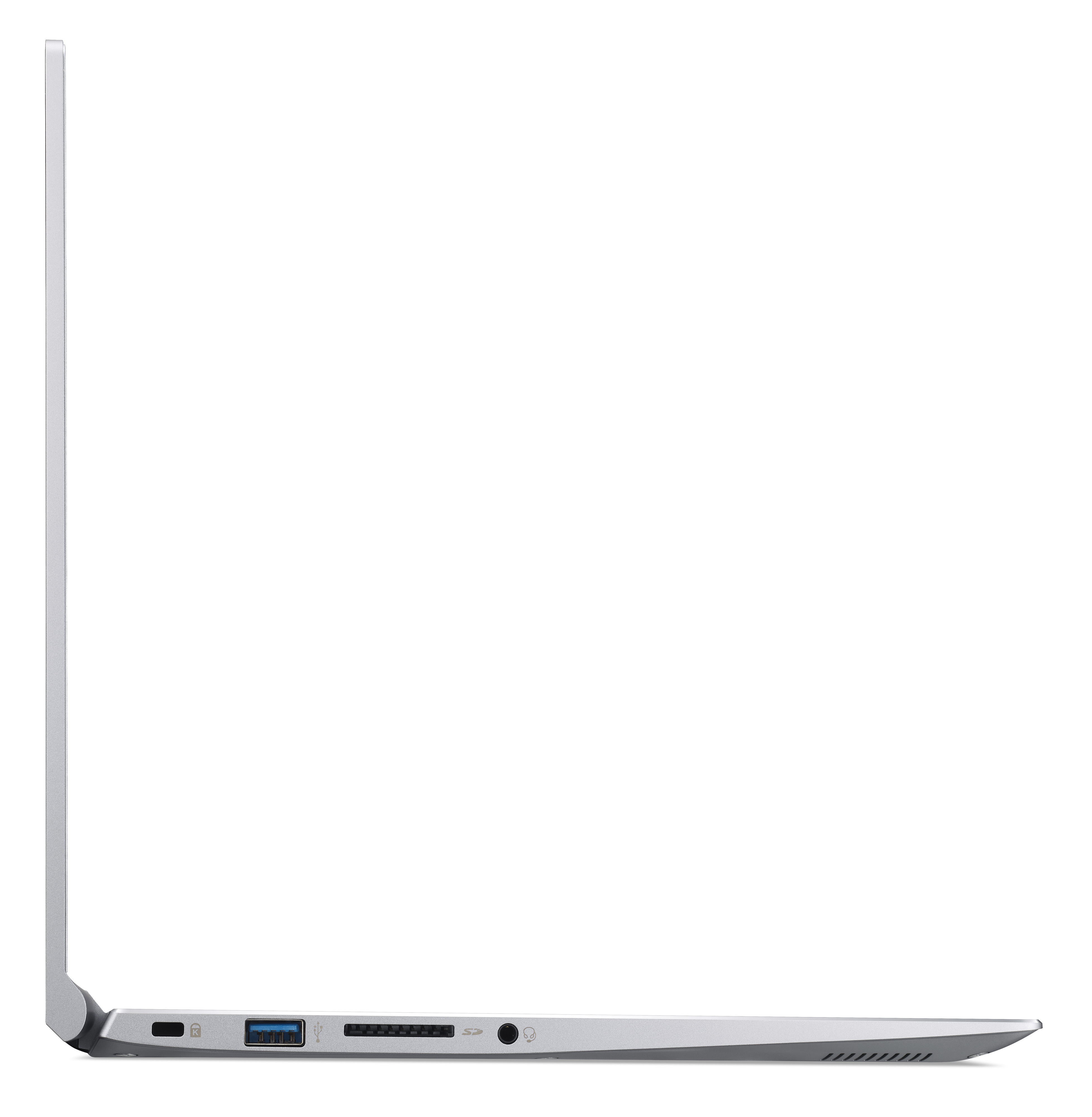 Ein silberner Laptop, von der Seite gesehen, geschlossen. Der Laptop steht auf einer weißen Oberfläche.