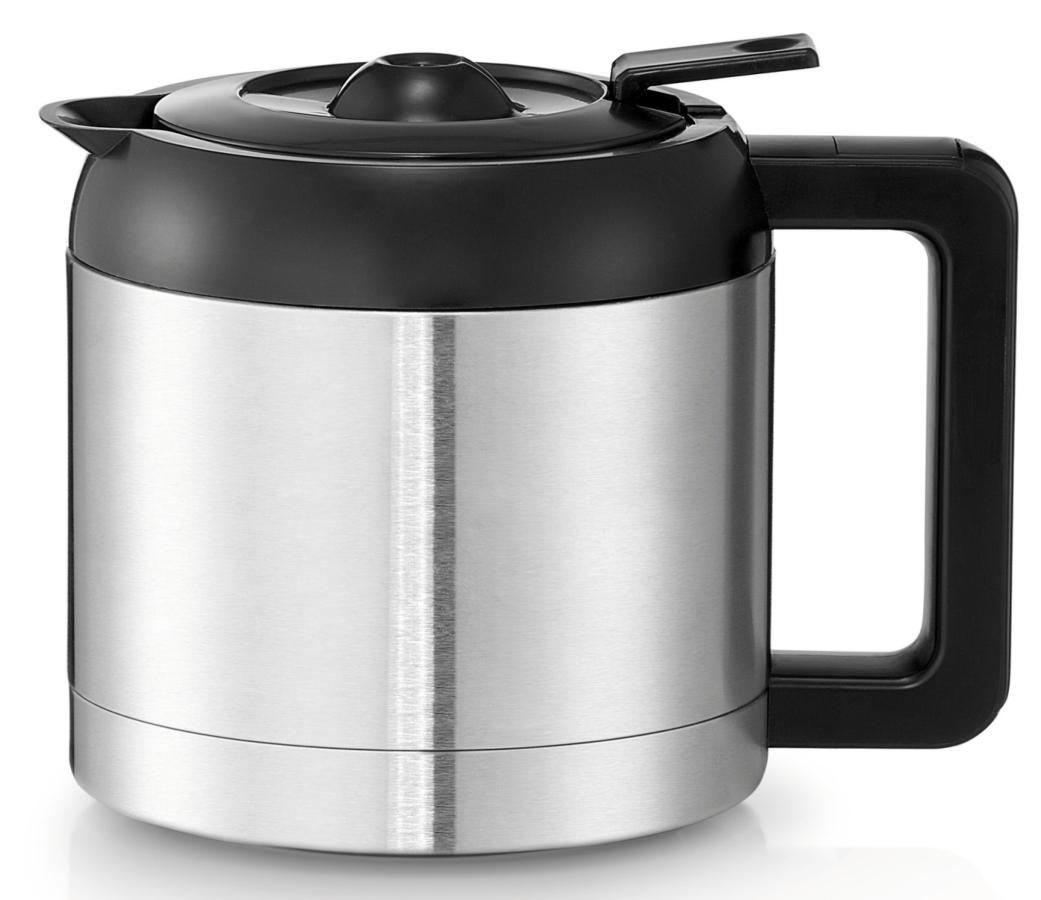 Una cafetera de acero inoxidable con tapa y asa negra. El asa es grande y curvada.