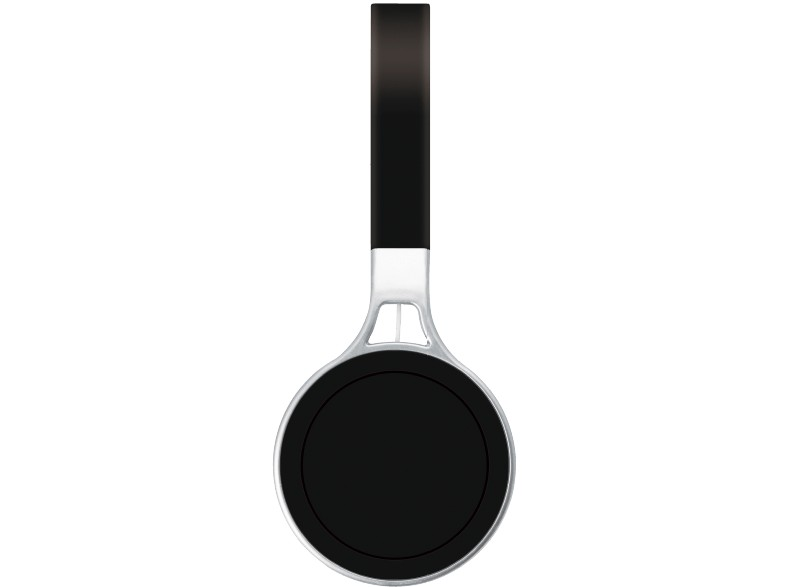 Auriculares negros y plateados vistos desde arriba, aislados sobre blanco.