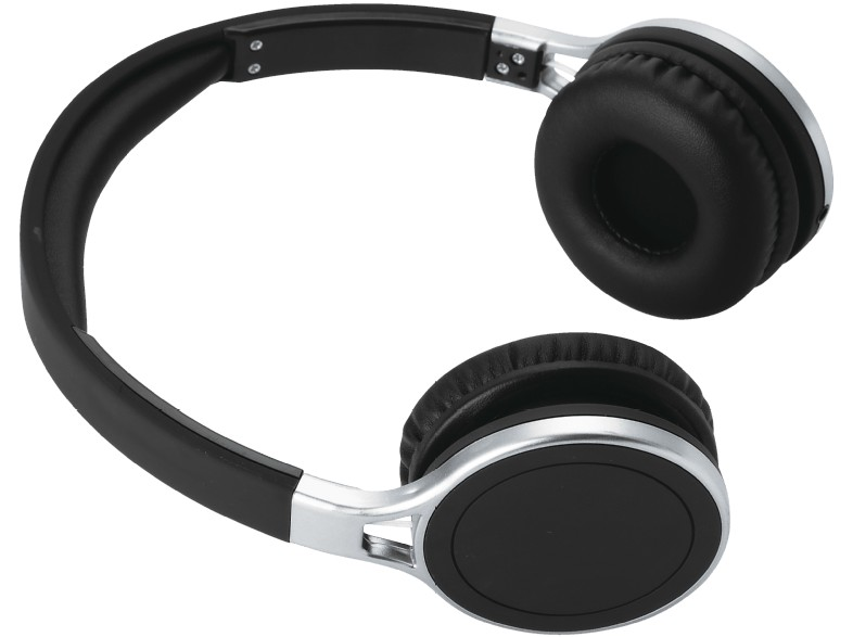Auriculares negros con almohadillas negras y detalles plateados. Fondo blanco.