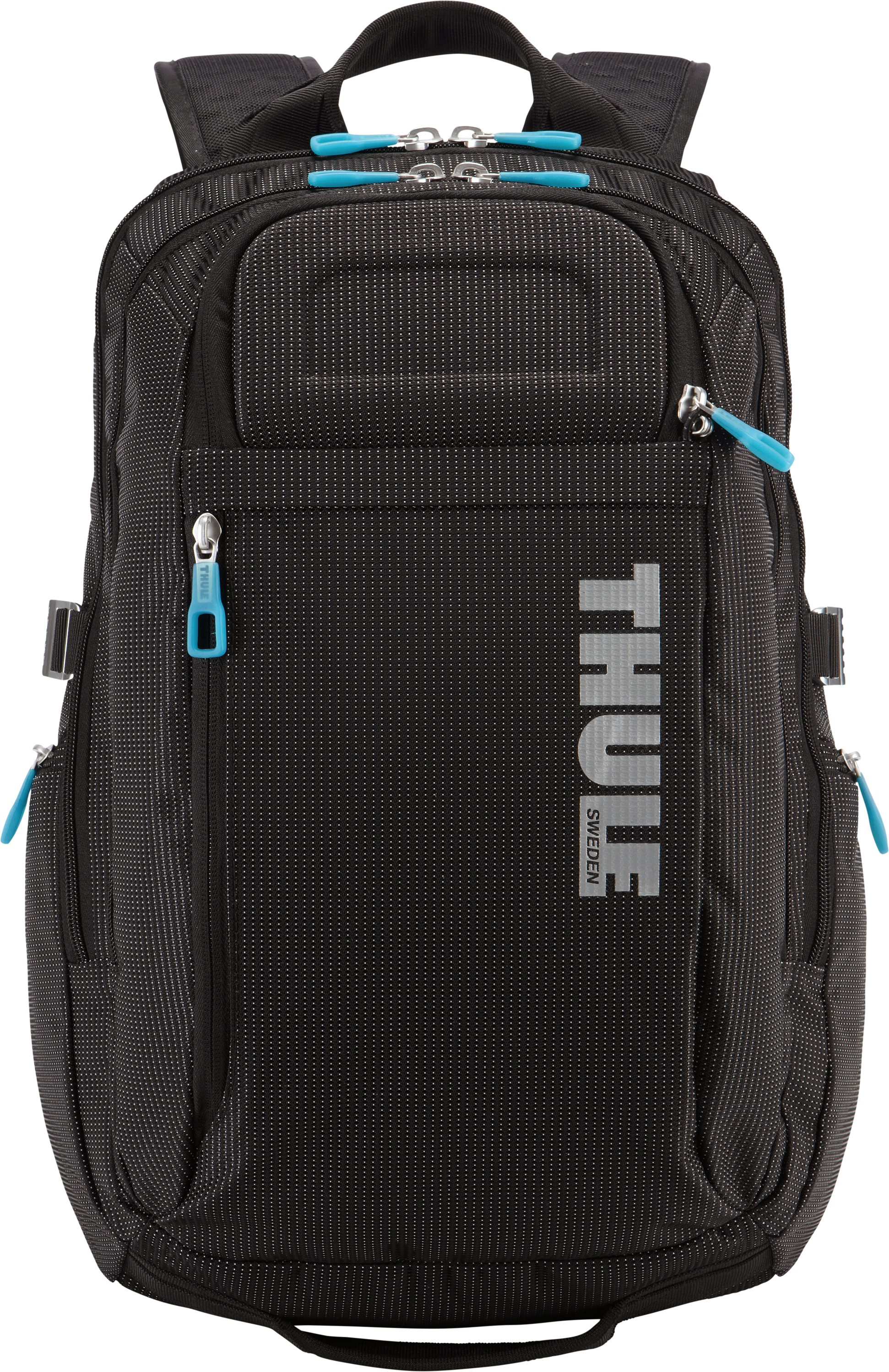 Una mochila negra con la palabra "THULE" en letras plateadas.