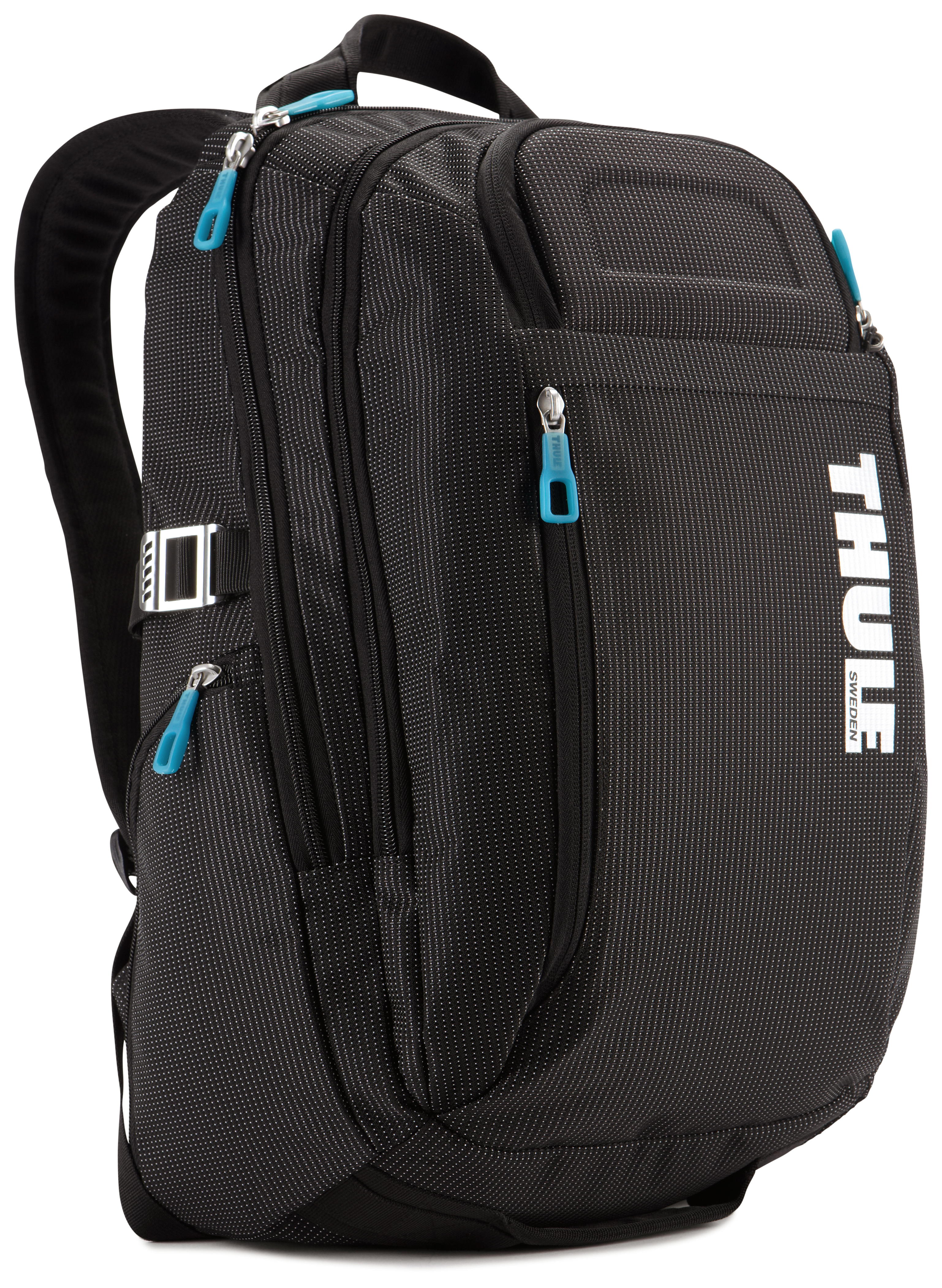 Mochila Thule negra con logo blanco y cremalleras azules, vista lateral.