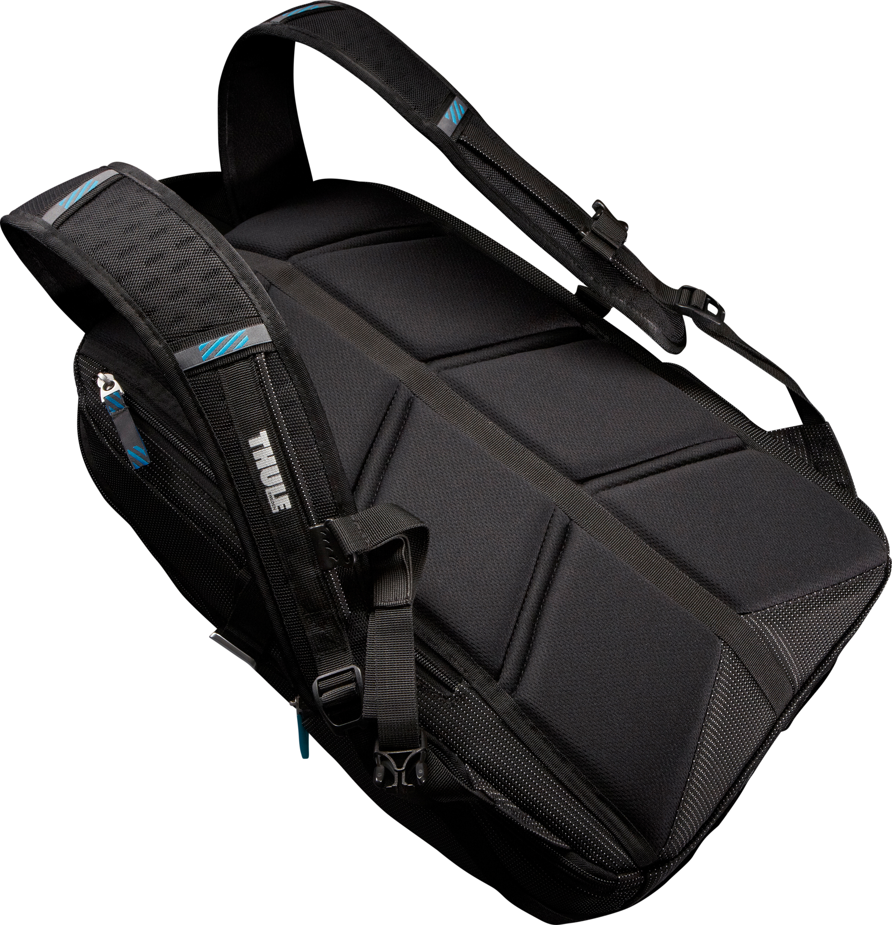 Mochila Thule negra. La espalda tiene secciones acolchadas, correas y un asa superior.