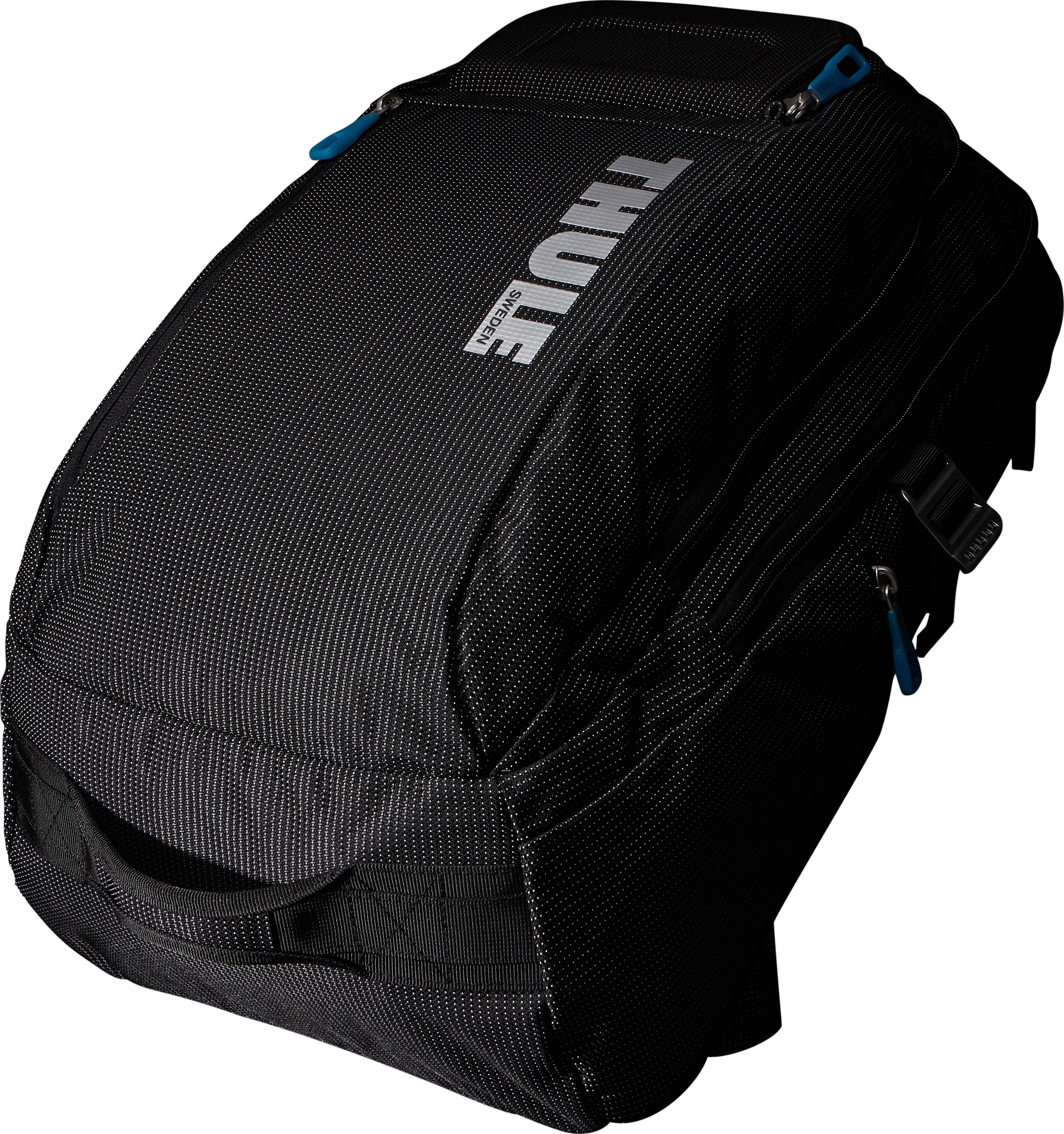 Mochila negra con logo Thule plateado. Tiene detalles azules y forma curva.
