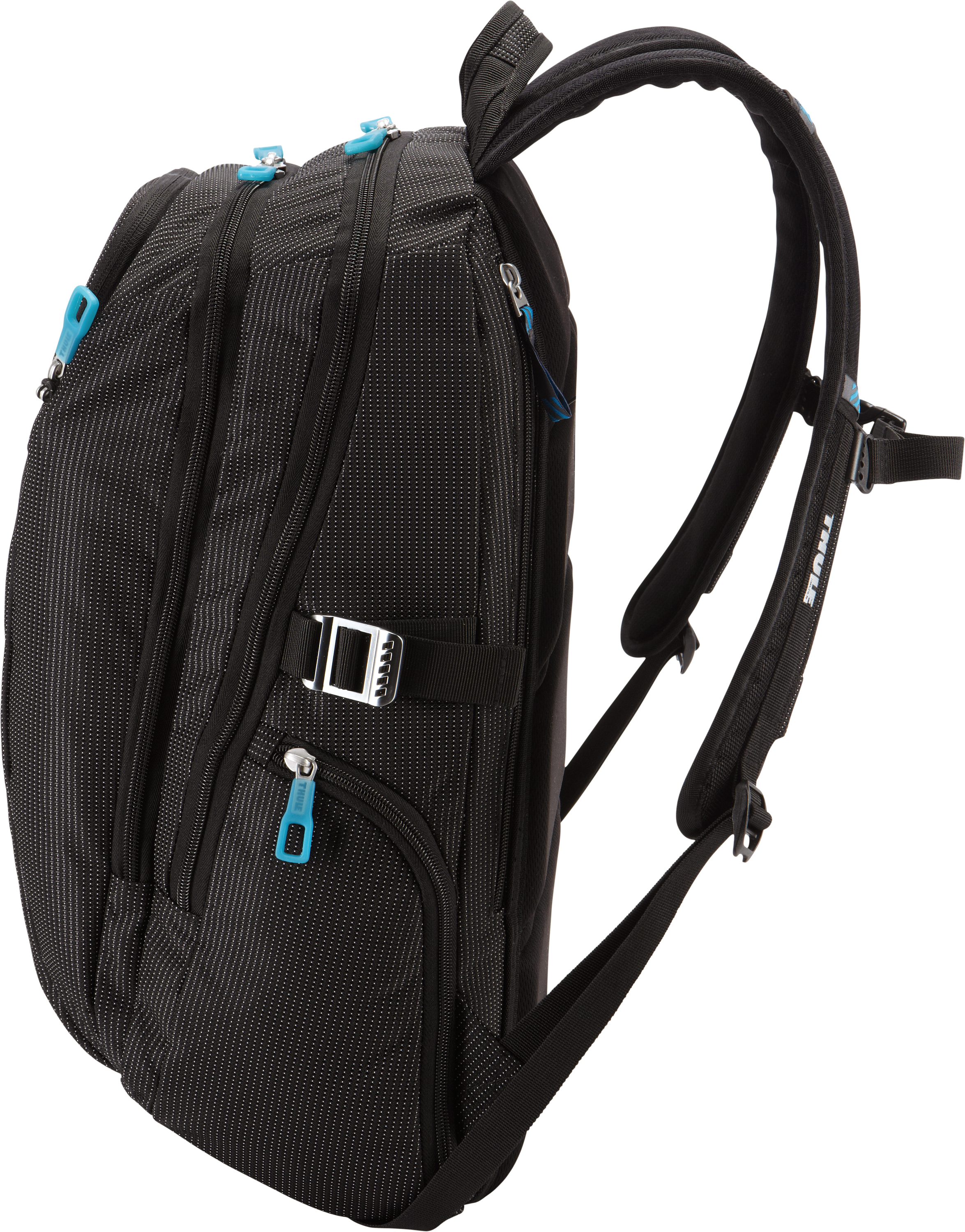 Mochila negra Thule con cremalleras azules, un bolsillo lateral y correas ajustables.