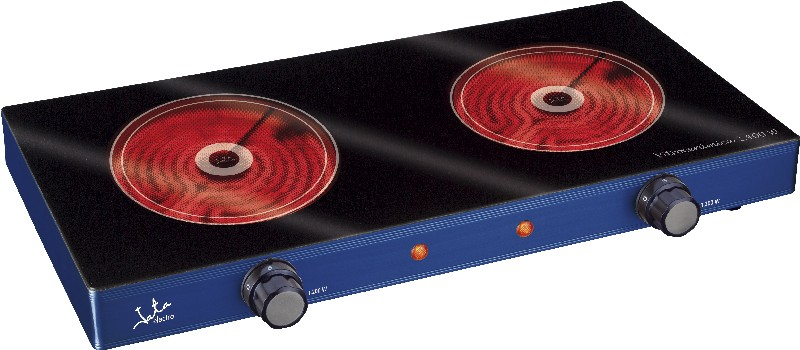 Una vitrocerámica eléctrica de dos fuegos con elementos calefactores rojos y borde azul.