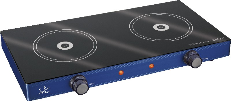 Una placa de inducción negra y azul con dos quemadores y mandos.
