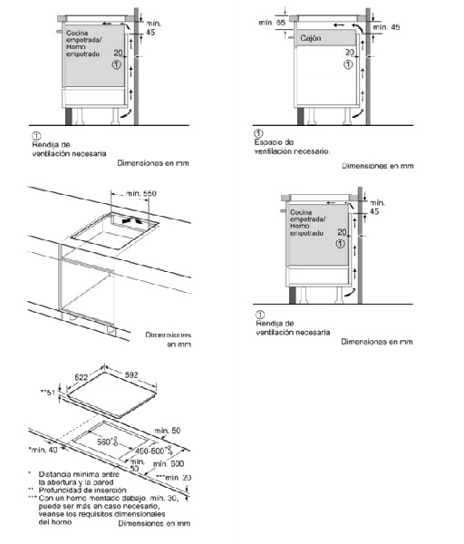 Dibujo técnico de una cocina con medidas para instalar una placa y un horno empotrados.