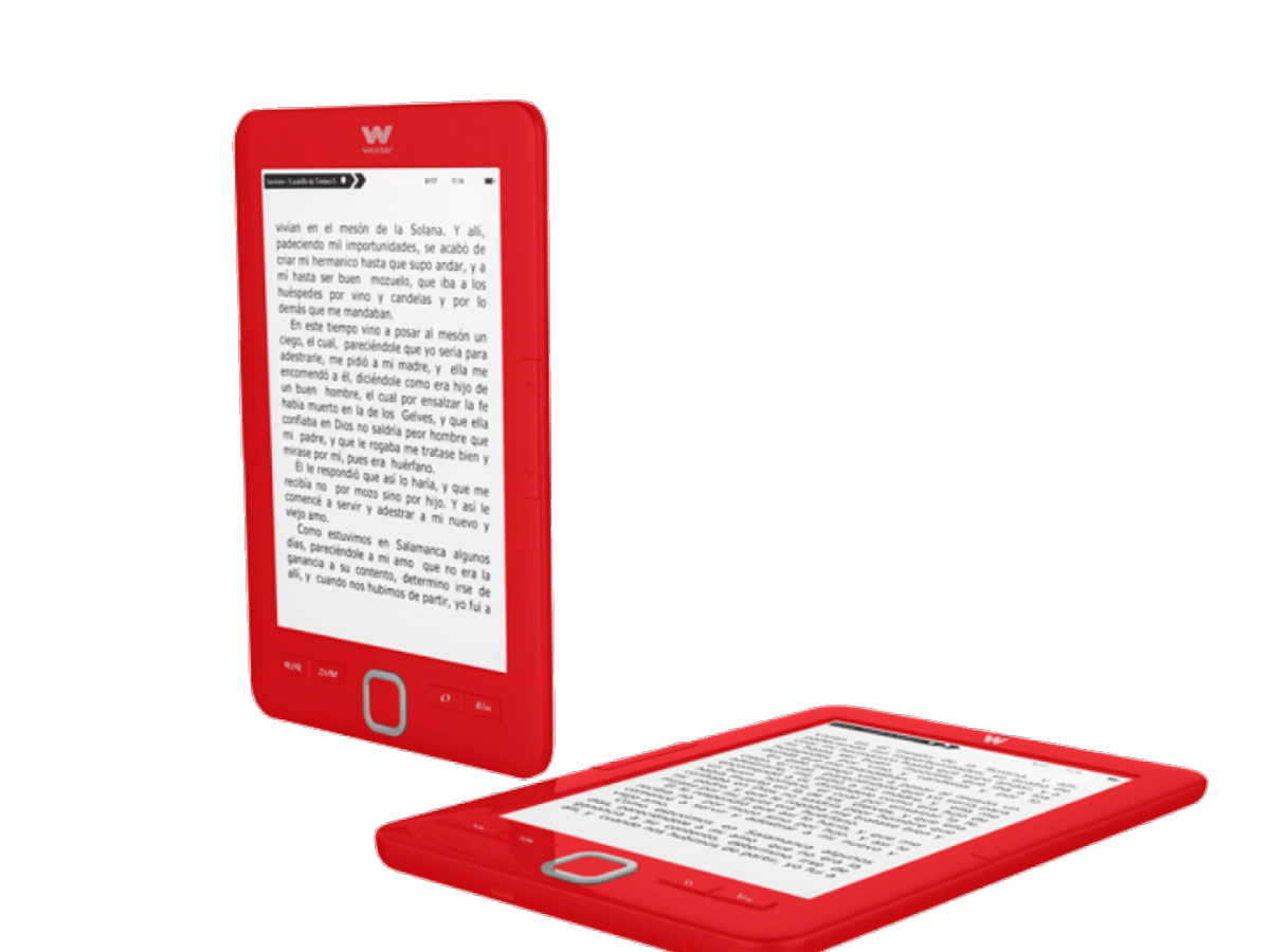 Dos lectores electrónicos rojos, uno de pie y otro plano. Ambos muestran texto.