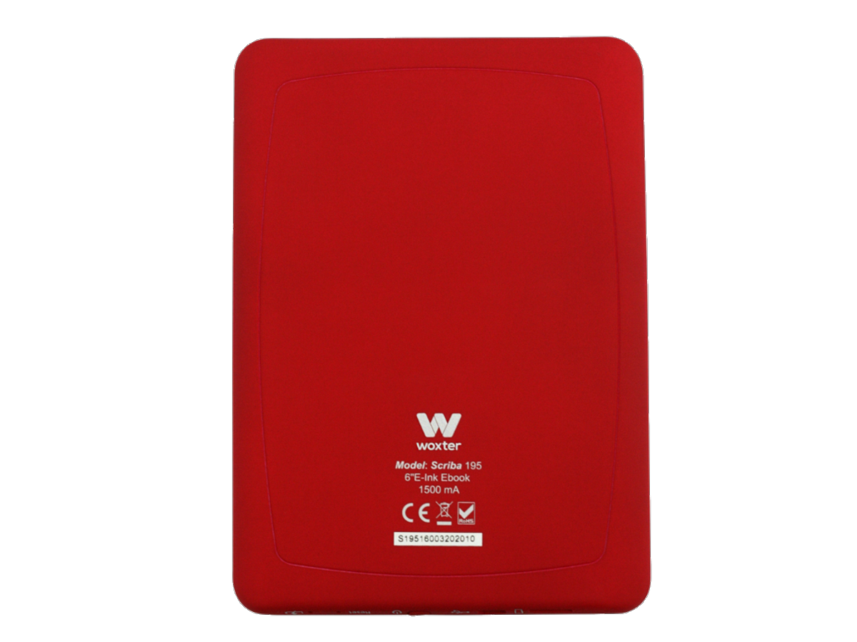 Lector electrónico Woxter rojo. Tiene una pantalla pequeña con texto y un logo blanco.