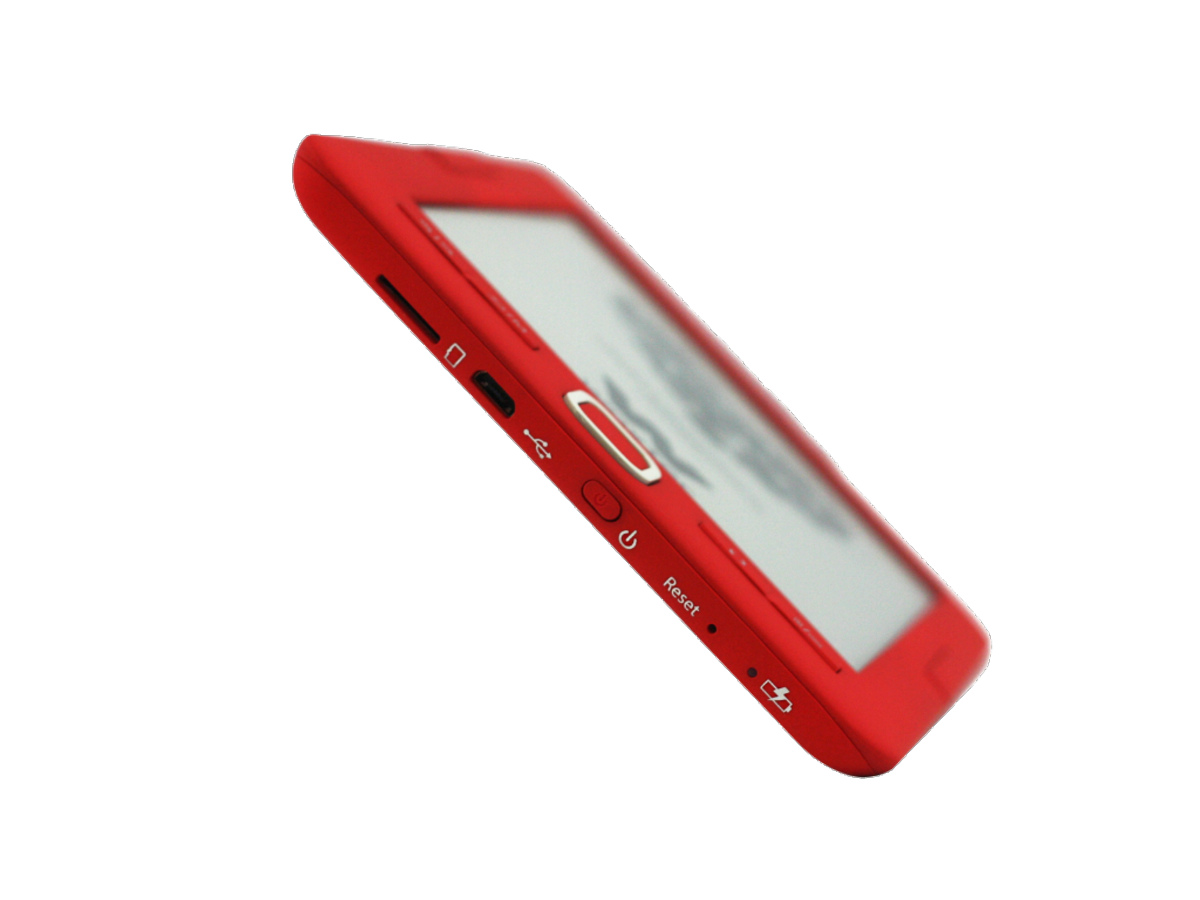 Dispositivo rojo tipo tableta sobre fondo negro. Muestra una pantalla con imagen.