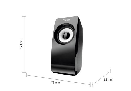 Un altavoz Trust negro con dimensiones. Tiene un cono de altavoz blanco. Fondo blanco.