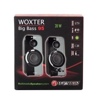 Caja de altavoces Wooxter Big Bass 95, negros y grises. 20W visible. Fondo blanco.
