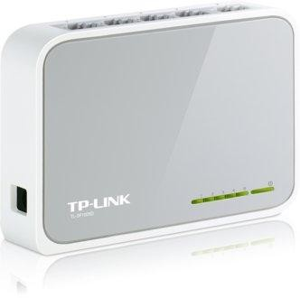 Un switch TP-Link blanco con luces indicadoras verdes. Es un dispositivo rectangular con una parte superior gris.