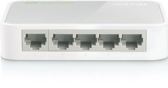 Router TP-Link blanco con cinco puertos. Números 1-5 visibles. Esquinas redondeadas y superficie blanca.