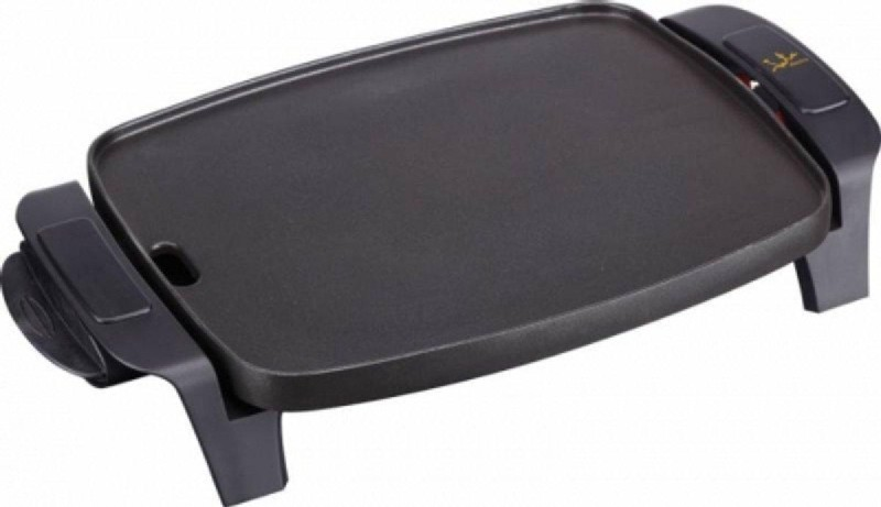 Plancha eléctrica negra con controles de temperatura, sobre patas negras.