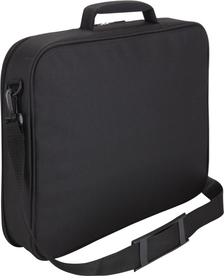 Maletín negro con correa para el hombro. Cerrado con cremallera, forma rectangular.